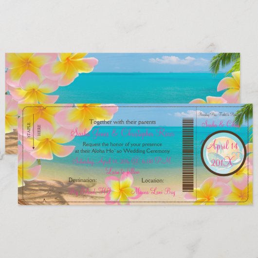 PixDezines BOARDING PASS+PINK PLUMERIA+BEACH Kaart (Voorkant / Achterkant)