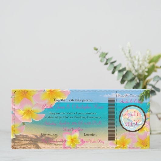 PixDezines Boarding Pass Pink Plumerias+strand Kaart (Staand voorkant)