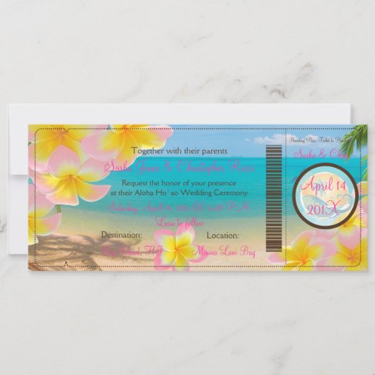 PixDezines Boarding Pass Pink Plumerias+strand Kaart (Voorkant)