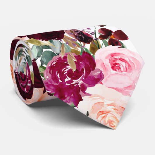PixDezines Boho Blush Burgundy Watercolor Bloemen Stropdas (Opgerold)