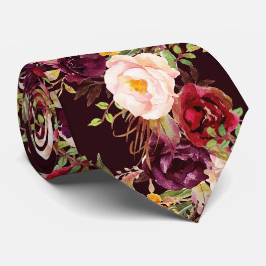 PixDezines Boho Blush Burgundy Watercolor Bloemen Stropdas (Opgerold)