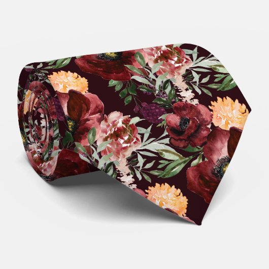 PixDezines Boho Blush Burgundy Waterverf Bloemen Stropdas (Opgerold)
