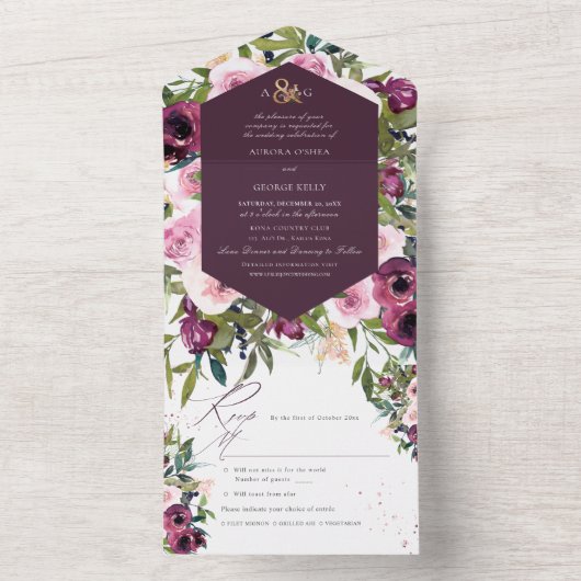 PixDezines Boho Burgundy Pink Peonies All In One Uitnodiging (Binnen)