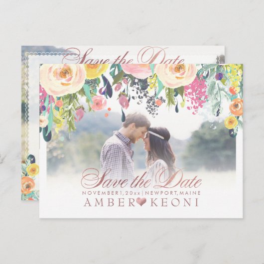 PixDezines Boho Floral Save the Date/FauxRose Gold Aankondigingskaart (Voorkant / Achterkant)