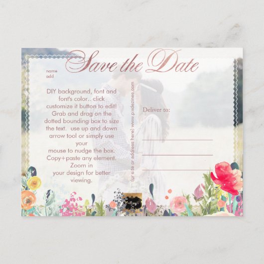 PixDezines Boho Floral Save the Date/FauxRose Gold Aankondigingskaart (Achterkant)