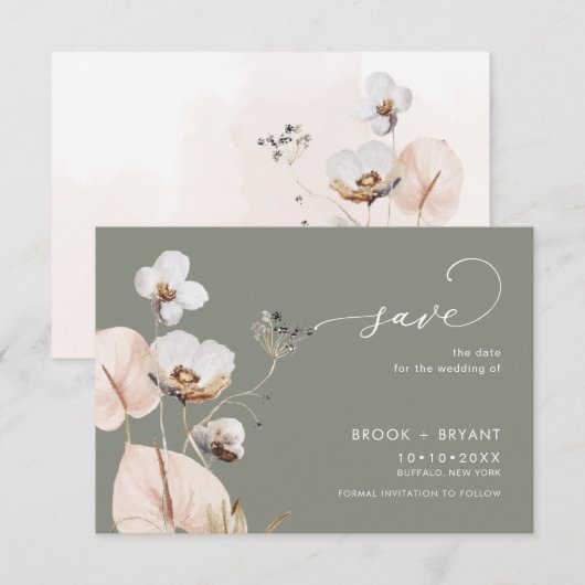 PixDezines Boho H2 Wild Flowers Sage Save The Date (Voorkant / Achterkant)