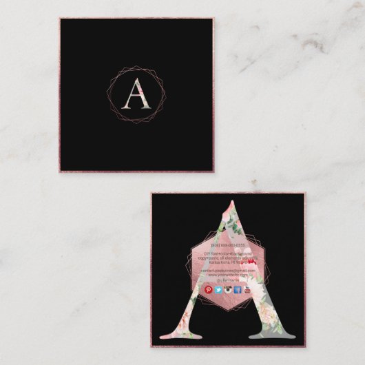 PixDezines BOTANISCH MONOGRAM/FAUX ROOS GOUD Vierkante Visitekaartje (Voorkant / Achterkant)