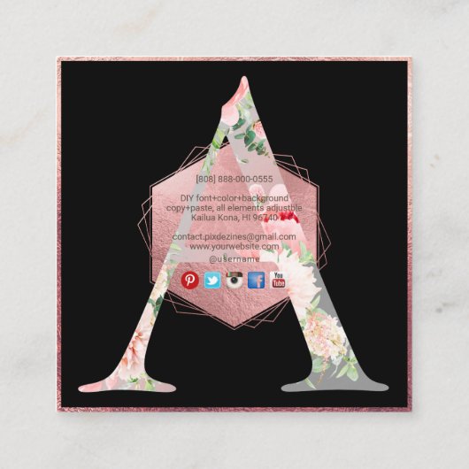 PixDezines BOTANISCH MONOGRAM/FAUX ROOS GOUD Vierkante Visitekaartje (Achterkant)