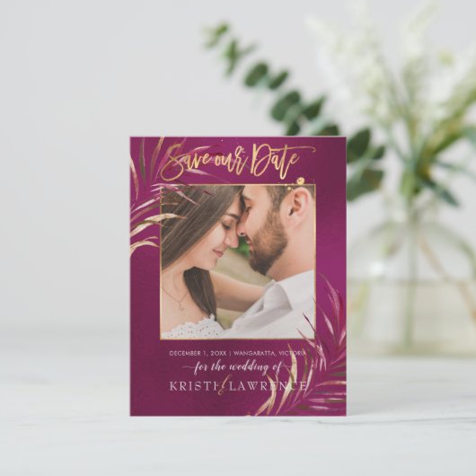 PixDezines Bourgogne Palms/Foto opslaan van onze d Save The Date (Staand voorkant)