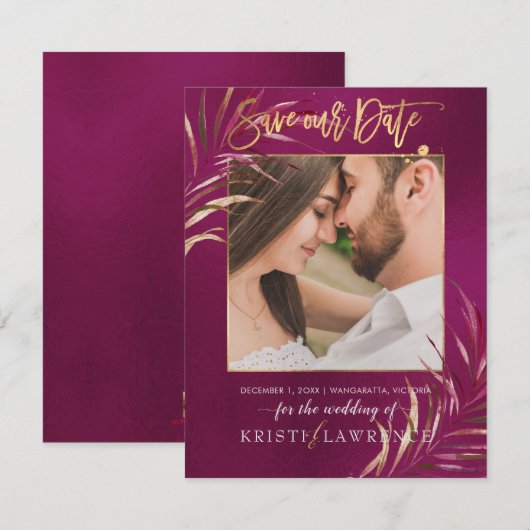 PixDezines Bourgogne Palms/Foto opslaan van onze d Save The Date (Voorkant / Achterkant)