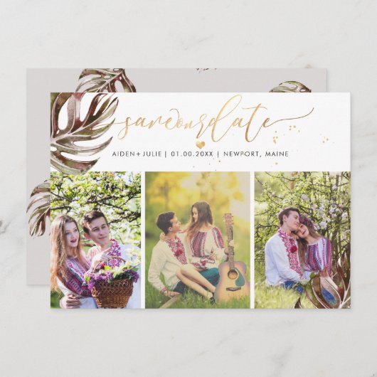 PixDezines Bourgondië Monstera Faux Gold Save The Date (Voorkant / Achterkant)