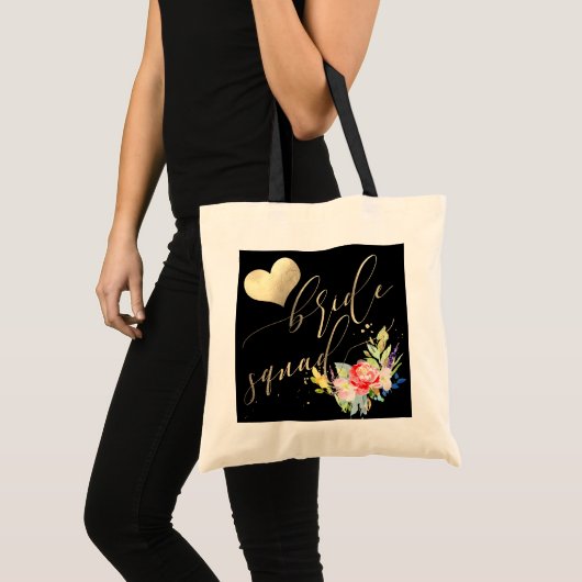 PixDezines Bruid Squad|Bloemen|Faux Gold Script Tote Bag (Voorkant (product))