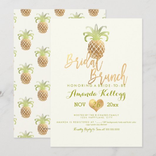 PixDezines Bruidsbrunch/Faux Goud/Ananas Kaart (Voorkant / Achterkant)