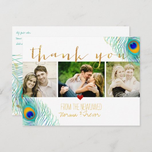 PixDezines bruiloft bedankt/pauw veer Aankondigingskaart (Voorkant / Achterkant)