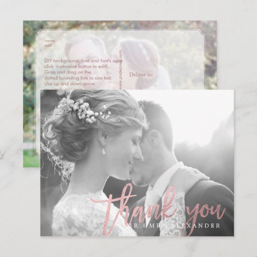 PixDezines Bruiloft Dank u / Roos Gold Script Briefkaart (Voorkant / Achterkant)