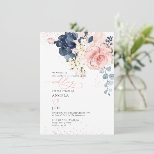 PixDezines Brunch Bubble Navy Blush H2 bloemen Inv Kaart (Staand voorkant)
