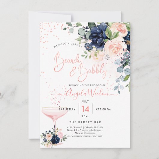 PixDezines Brunch Bubbly Navy Blush H2 bloemen Uit Kaart (Voorkant)