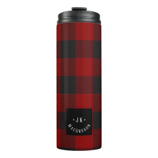 PixDezines Buffalo Plaid, zwart rood monogram Thermosbeker (Voorkant)