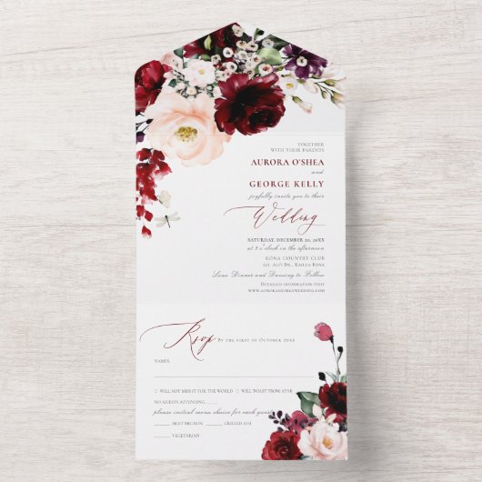 PixDezines Burgundy Blush H2 Flowers All In One Uitnodiging (Binnen)