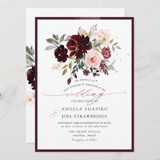 PixDezines Burgundy Blush Waterverf Flowers Kaart (Voorkant / Achterkant)