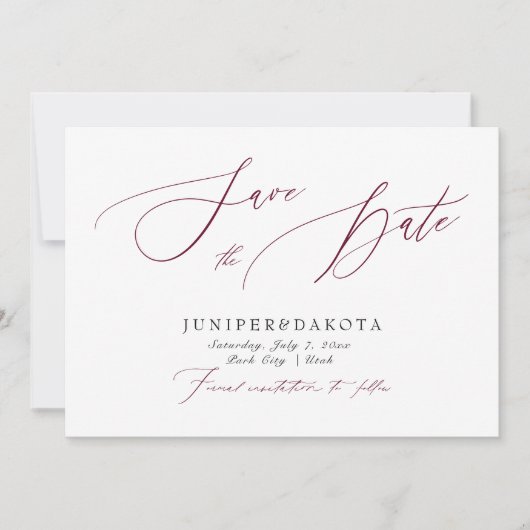 PixDezines Burgundy Elegant Script Save the Date Kaart (Voorkant)