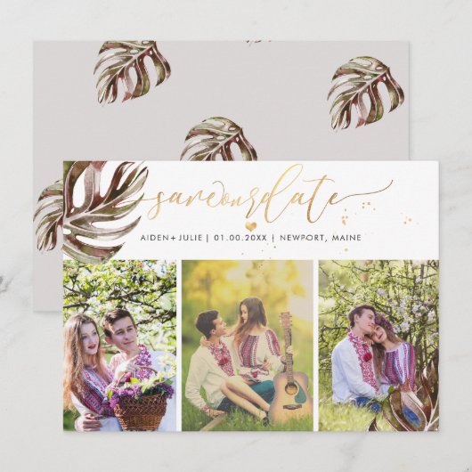 PixDezines Burgundy Monstera Nepgoud Save The Date (Voorkant / Achterkant)