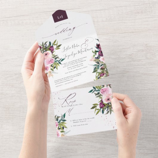 PixDezines Burgundy Pink Peonies in één All In One Uitnodiging (Afscheurbaar)