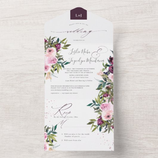 PixDezines Burgundy Pink Peonies in één All In One Uitnodiging (Binnen)