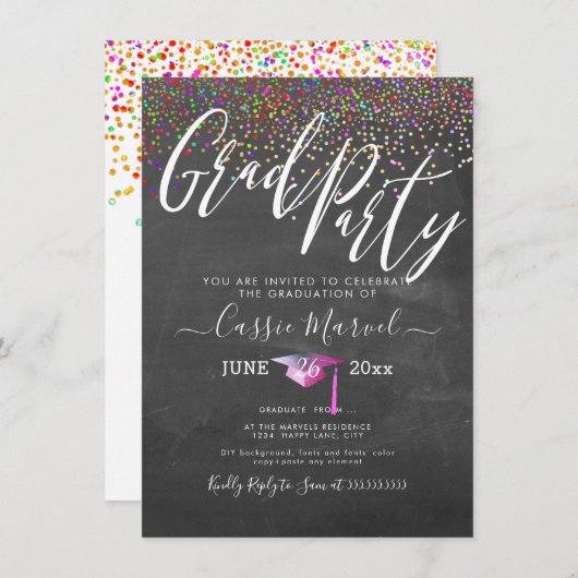 PixDezines Chalkboard Confetti Afstudeerder Party Kaart (Voorkant / Achterkant)