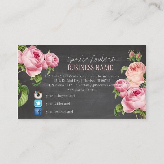 PixDezines Chalkboard/ Rozen/sociale media Visitekaartje (Achterkant)