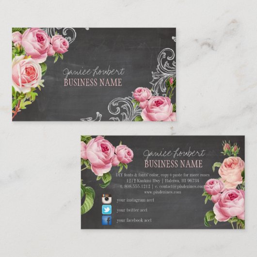 PixDezines Chalkboard/ Rozen/sociale media Visitekaartje (Voorkant / Achterkant)
