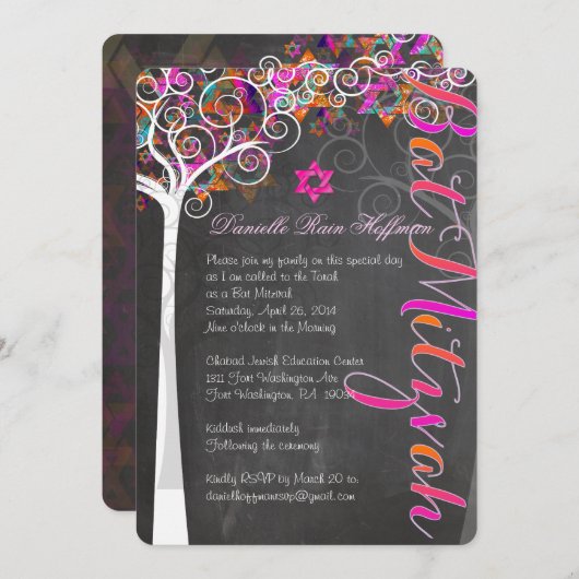 PixDezines CHALKBOARD TREE OF LIFE BAT MITZVAH Kaart (Voorkant / Achterkant)