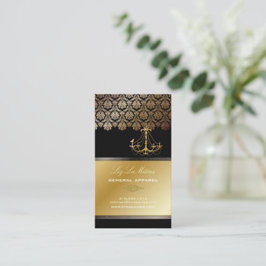 PixDezines Chandelier + Damask/Black + Gold Lace Visitekaartje (Staand voorkant)