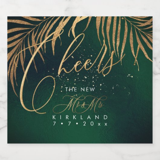 PixDezines Cheers Faux Gold Palms+Emerald Sparkling Wijnetiket (Enkel label)