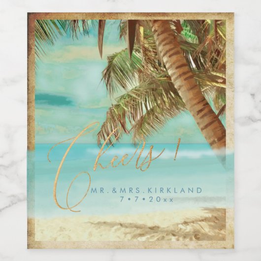 PixDezines Cheers  strand, tropische palmen Wijn Etiket (Enkel label)