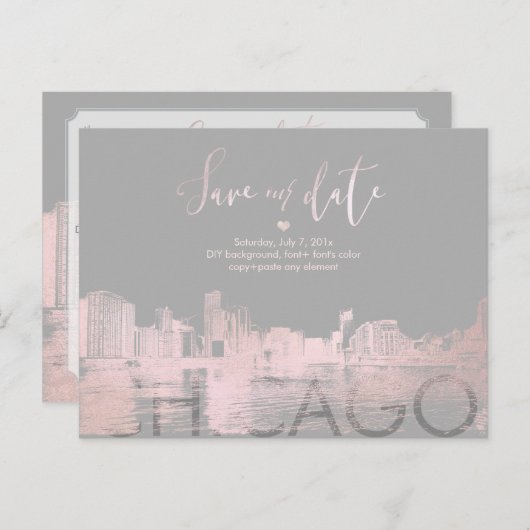 PixDezines/Chicago opslaan Datum/Blush roze Aankondigingskaart (Voorkant / Achterkant)