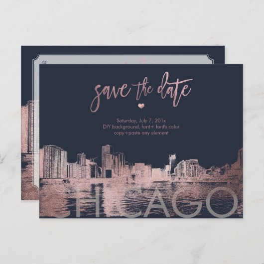 PixDezines/Chicago Save the Date/Faux Roos Gold Aankondigingskaart (Voorkant / Achterkant)