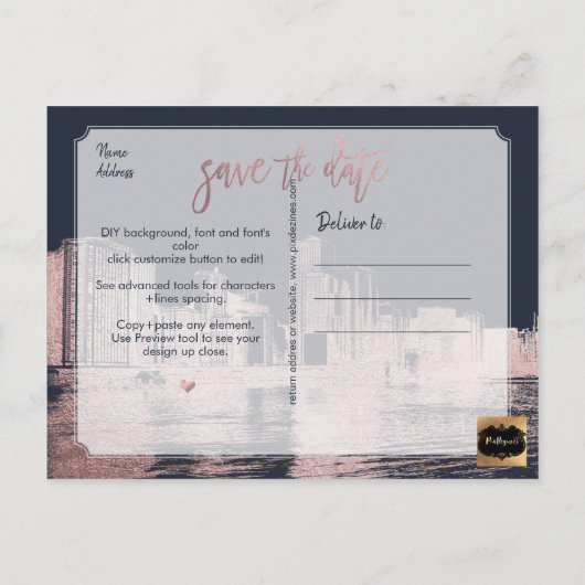 PixDezines/Chicago Save the Date/Faux Roos Gold Aankondigingskaart (Achterkant)