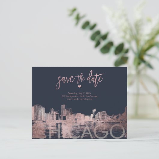 PixDezines/Chicago Save the Date/Faux Roos Gold Aankondigingskaart (Staand voorkant)