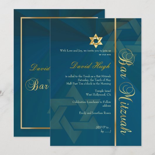 PixDezines CLASSIC BAR MITZVAH/BLAUWGROEN BLUE+GOL Kaart (Voorkant / Achterkant)