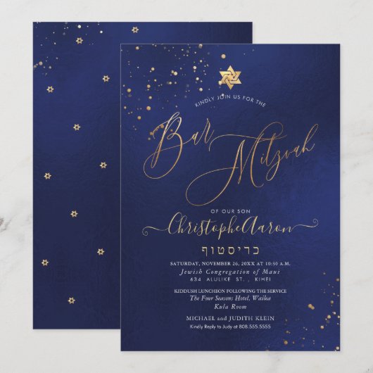 PixDezines Classic Navy+Gold Bar Mitzvah Kaart (Voorkant / Achterkant)