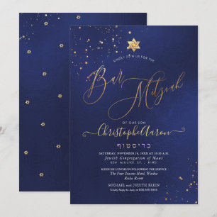 PixDezines Classic Navy+Gold Bar Mitzvah Kaart