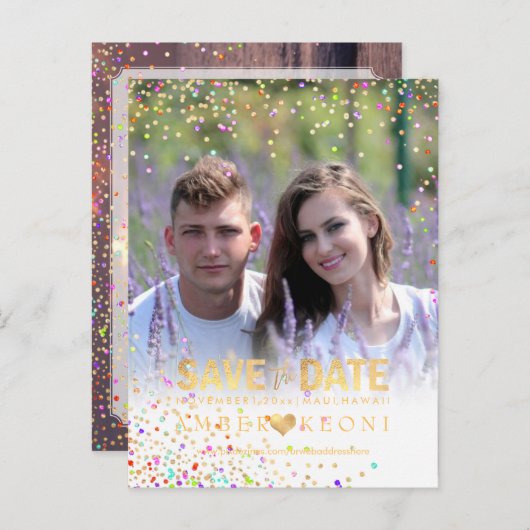 PixDezines Confetti+Faux Gold De datum opslaan Aankondigingskaart (Voorkant / Achterkant)