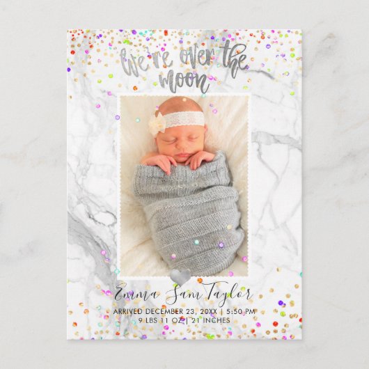 PixDezines Confetti Geboorte/Over de Maan Aankondigingskaart (Voorkant)