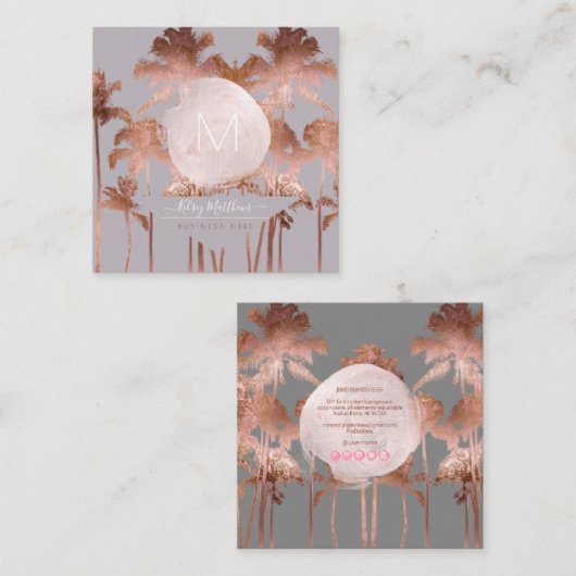 PixDezines Copper Palms+Glam Monogram Vierkante Visitekaartje (Voorkant / Achterkant)