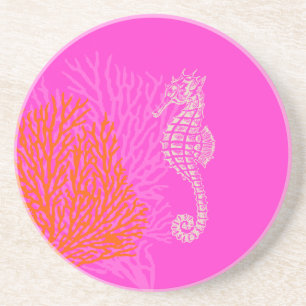 PixDezines Coral+Seahorse/natural+hot roze Zandsteen Onderzetter