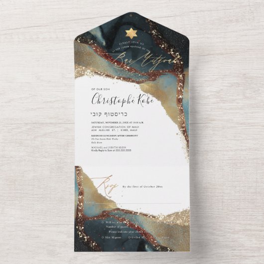 PixDezines Cosmic Slate Blue Bar Mitzvah All In One Uitnodiging (Binnen)
