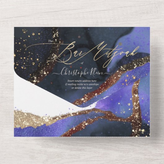 PixDezines Cosmic Violet Blue Bar Mitzvah All In One Uitnodiging (Achterkant)