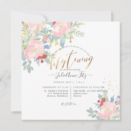 PixDezines Cottage Waterverf Flowers Christening Kaart (Voorkant)