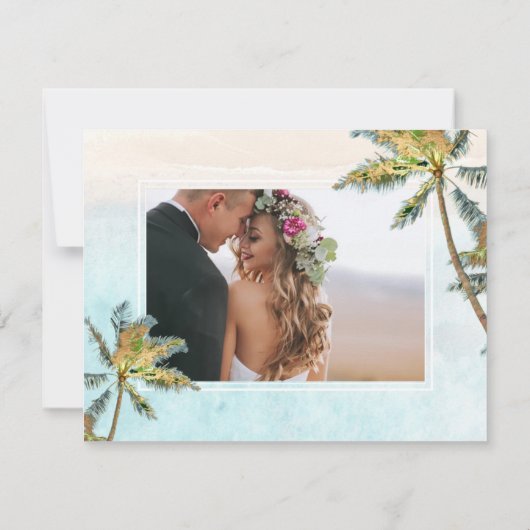 PixDezines Crystal Blue Beach Shoreline Palms  Save The Date (Achterkant)